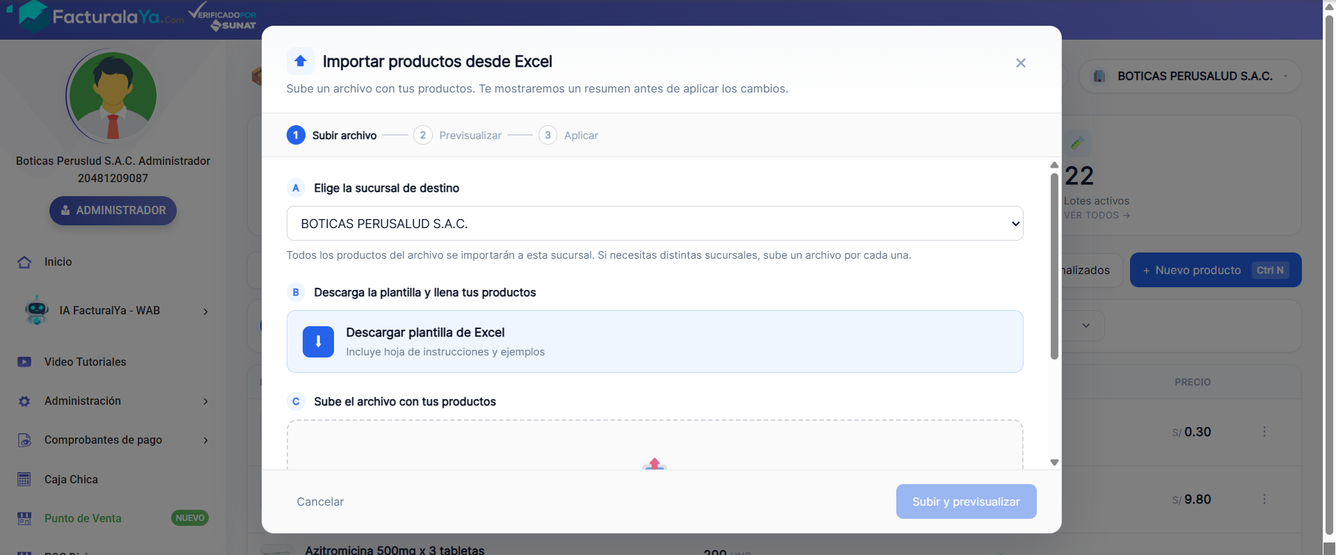 Modal de importación de productos desde Excel en Facturalaya: stepper de tres pasos (subir archivo, previsualizar, aplicar), selector de sucursal, botón para descargar la plantilla y zona para subir el archivo