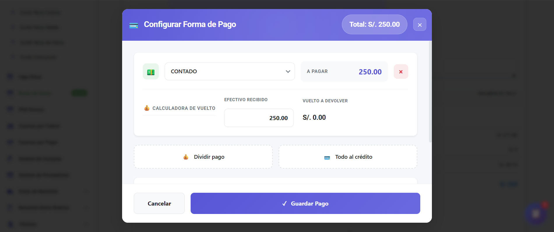 Ventana de Facturalaya para configurar la forma de pago de una venta: método contado con calculadora de vuelto, y opciones para dividir el pago en varios medios o pasarlo todo al crédito