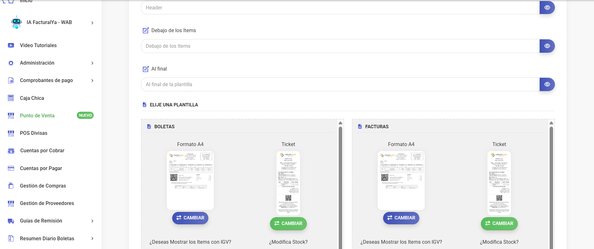 Pantalla de configuración de Facturalaya mostrando la selección de plantilla de PDF por tipo de documento (Boletas, Facturas) y formato (Formato A4 y Ticket), con miniaturas de cada diseño