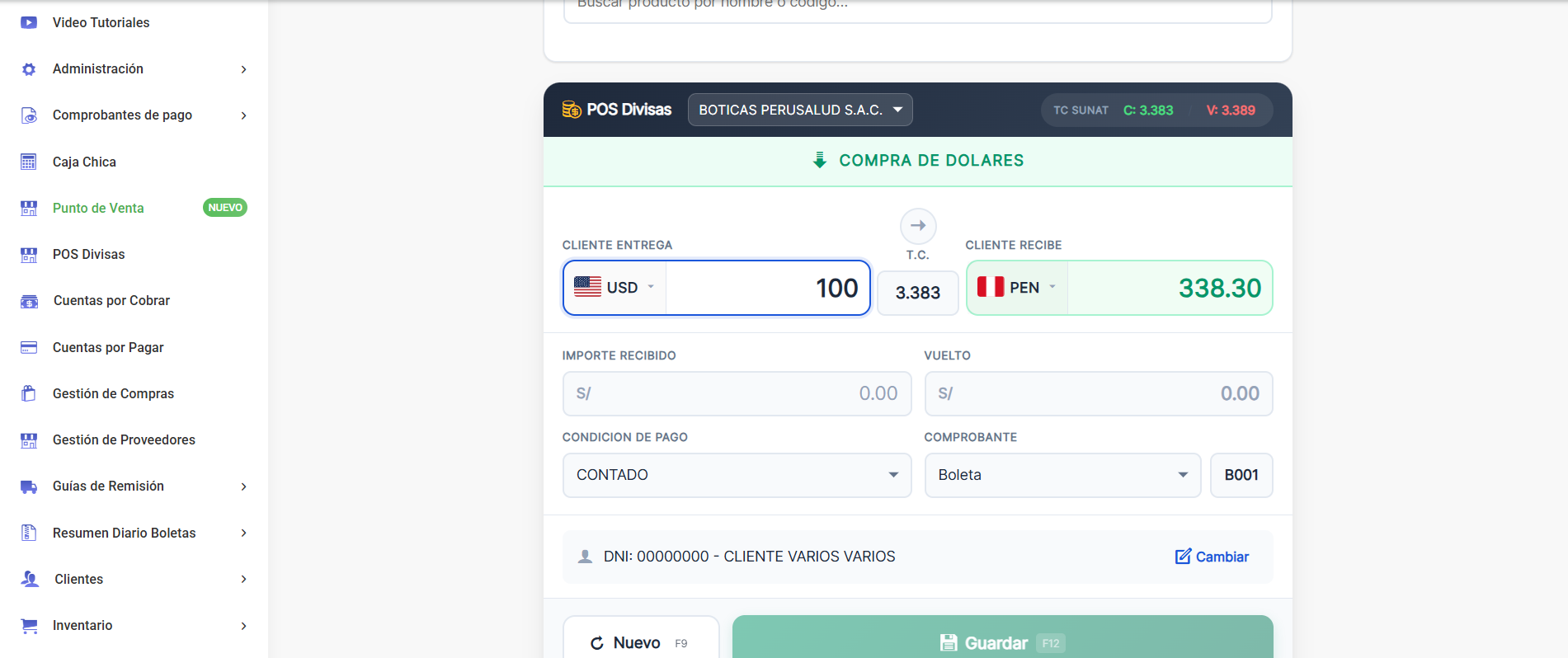 Pantalla de POS Divisas en Facturalaya: compra de dólares, el cliente entrega 100 USD y recibe 338.30 PEN al tipo de cambio 3.383, con el tipo de cambio SUNAT de referencia, condición contado y comprobante boleta