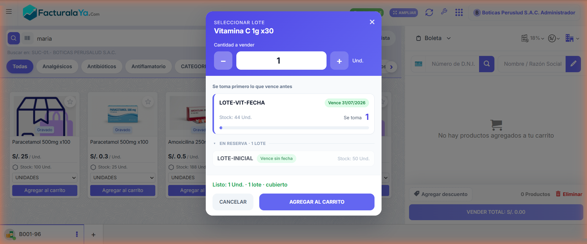 System POS: modal de selección de lote para Vitamina C, mostrando el lote que vence primero con su fecha y stock, y la nota 'se toma primero lo que vence antes'