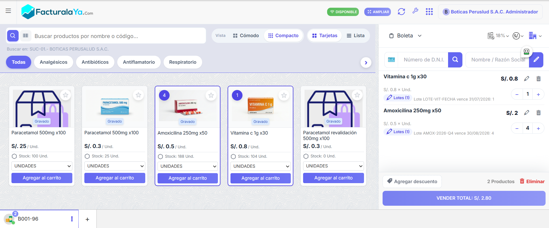 System POS de Facturalaya: grilla de productos con fotos (paracetamol, amoxicilina, vitamina C), categorías, buscador con lector de código de barras, y el carrito a la derecha con dos productos y el total