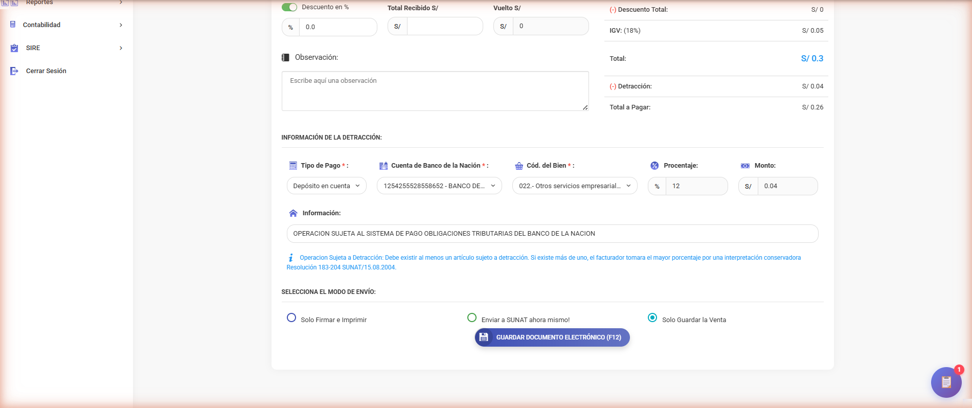 Pantalla de emisión de Facturalaya con el bloque de detracción: tipo de pago Depósito en cuenta, cuenta del Banco de la Nación, código del bien 022 Otros servicios empresariales al 12%, monto y texto legal SUNAT