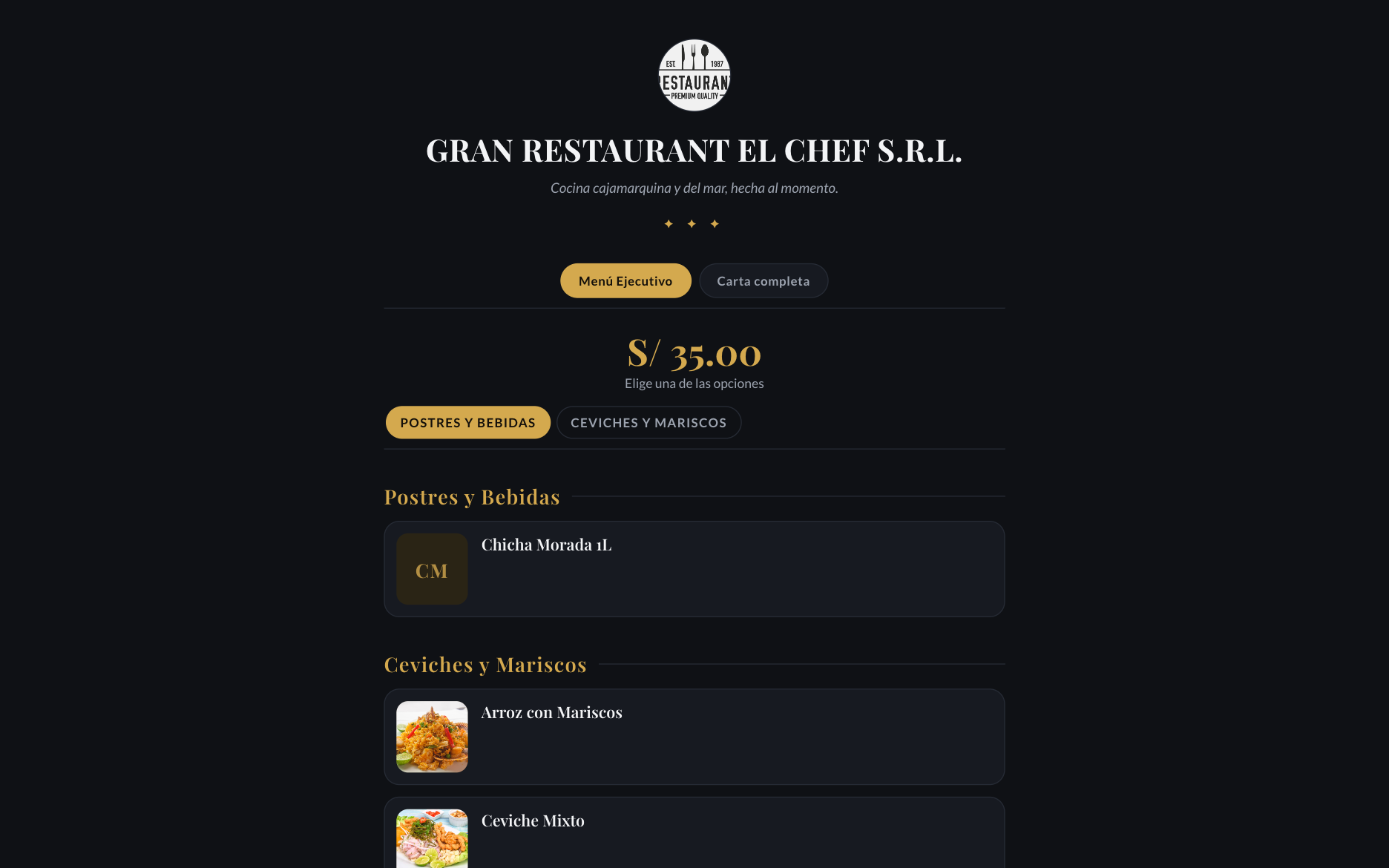 Carta digital pública de un restaurante con logo, nombre del local, botones de Menú Ejecutivo y Carta completa, precio único de S/ 35.00 y platos con foto agrupados por categoría