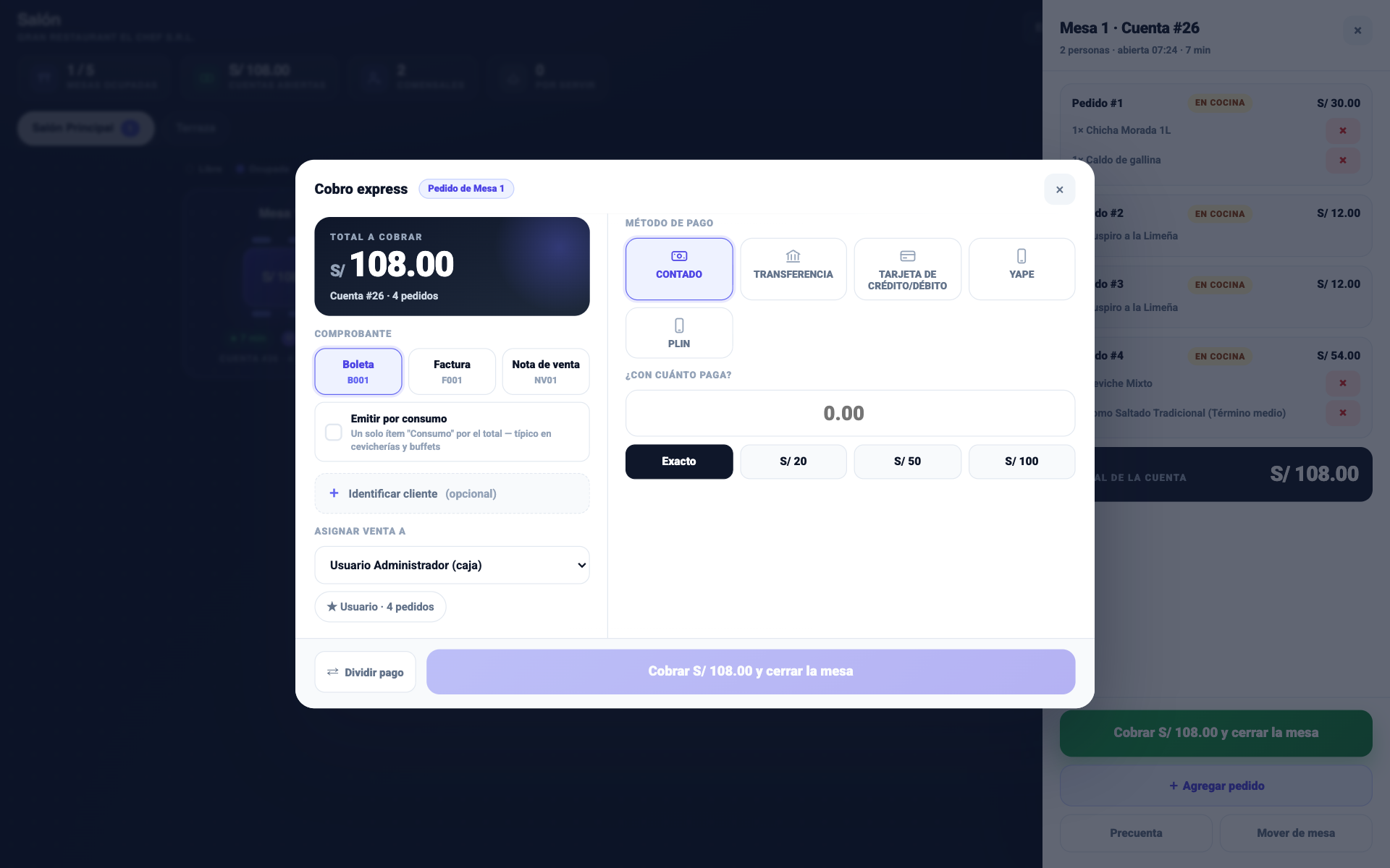 Pantalla de cobro express del módulo Restaurante con el total de S/ 108.00 de la cuenta con cuatro pedidos, selección de boleta, factura o nota de venta, métodos de pago y opción de emitir por consumo