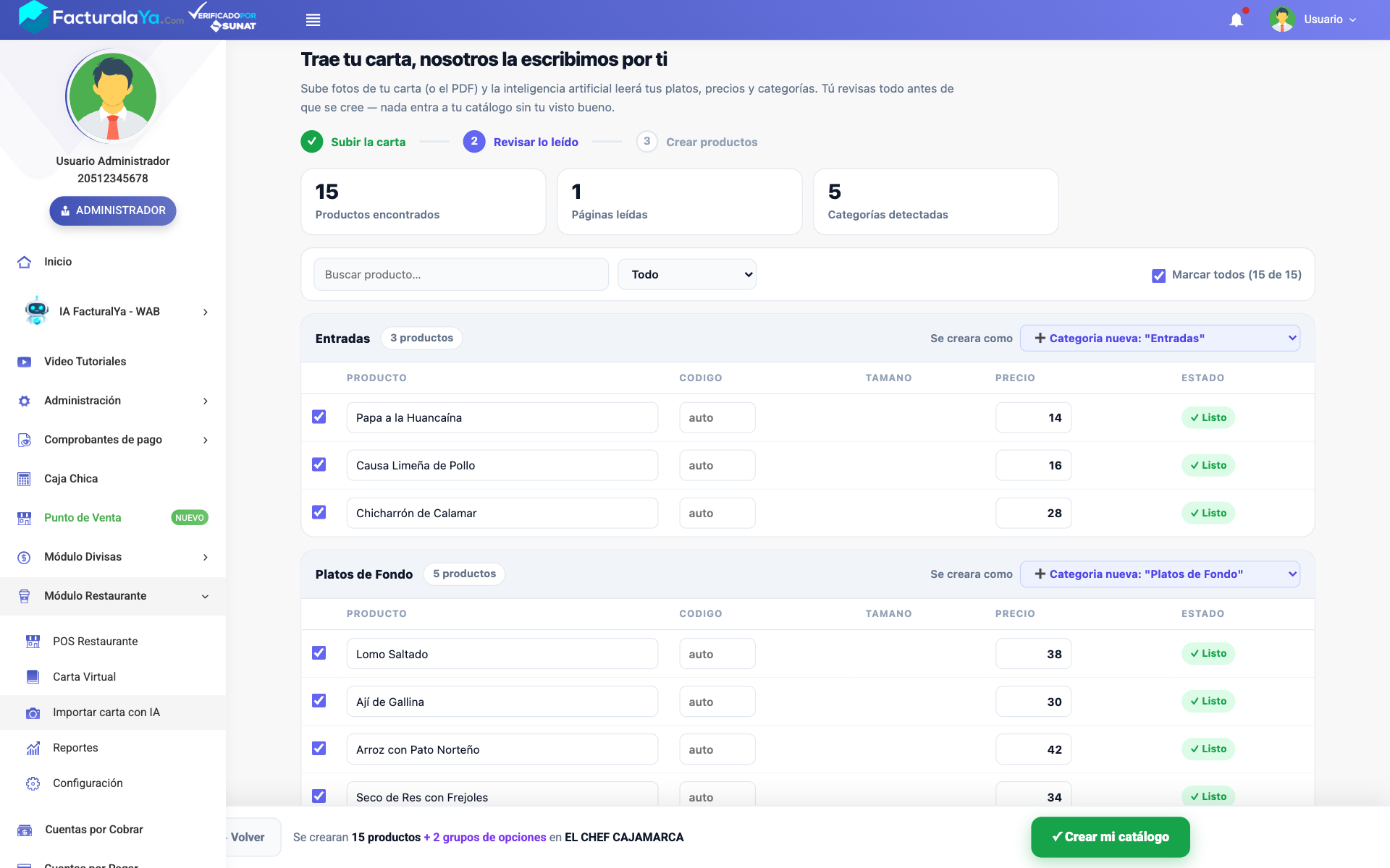 Pantalla de revisión del importador: resumen de productos encontrados, páginas leídas y categorías detectadas, con la tabla de platos leídos y sus precios