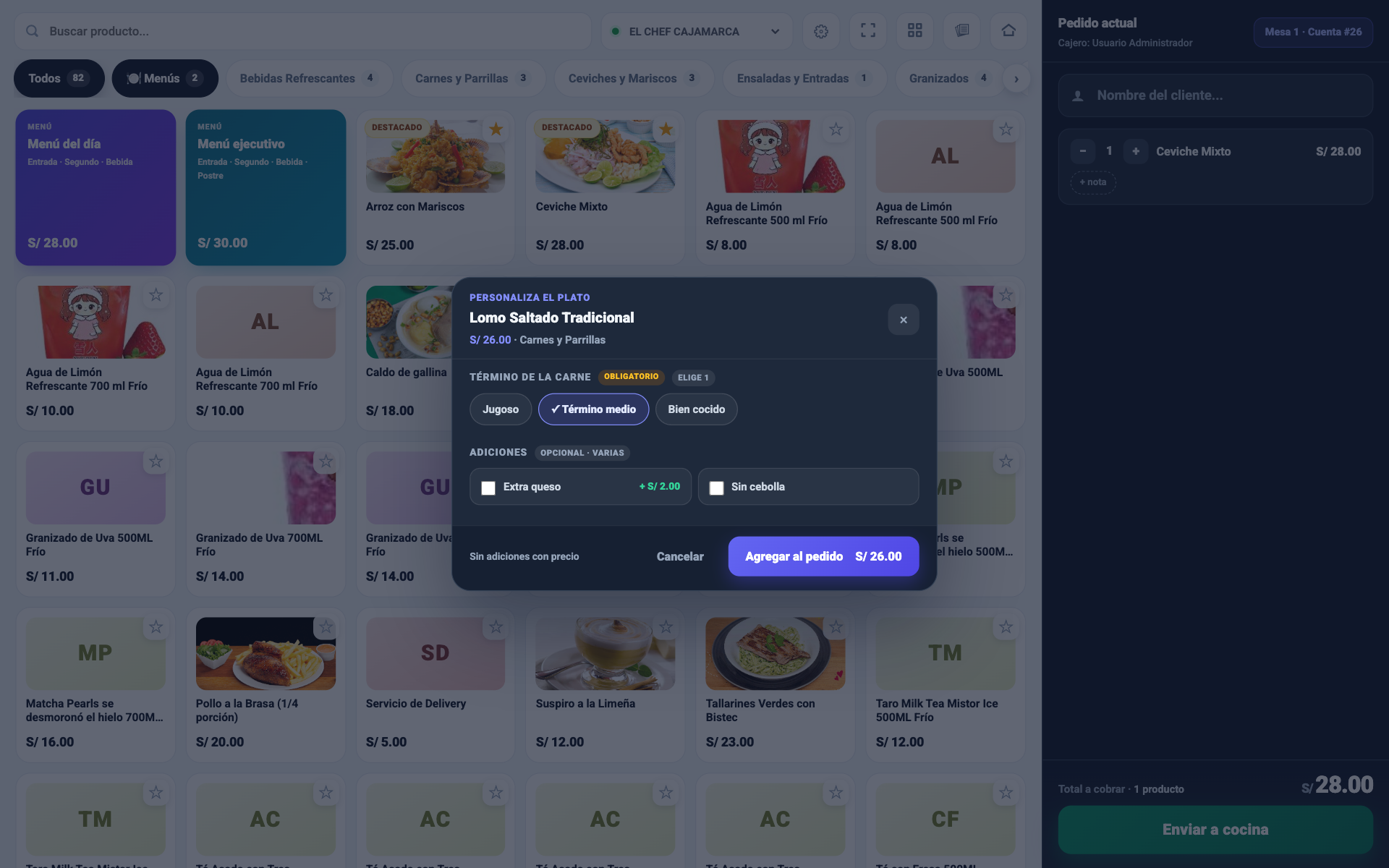 Ventana Personaliza el plato en el punto de venta del módulo Restaurante con el grupo Término de la carne obligatorio y elección única, y el grupo Adiciones opcional con extra queso a S/ 2.00 y sin cebolla