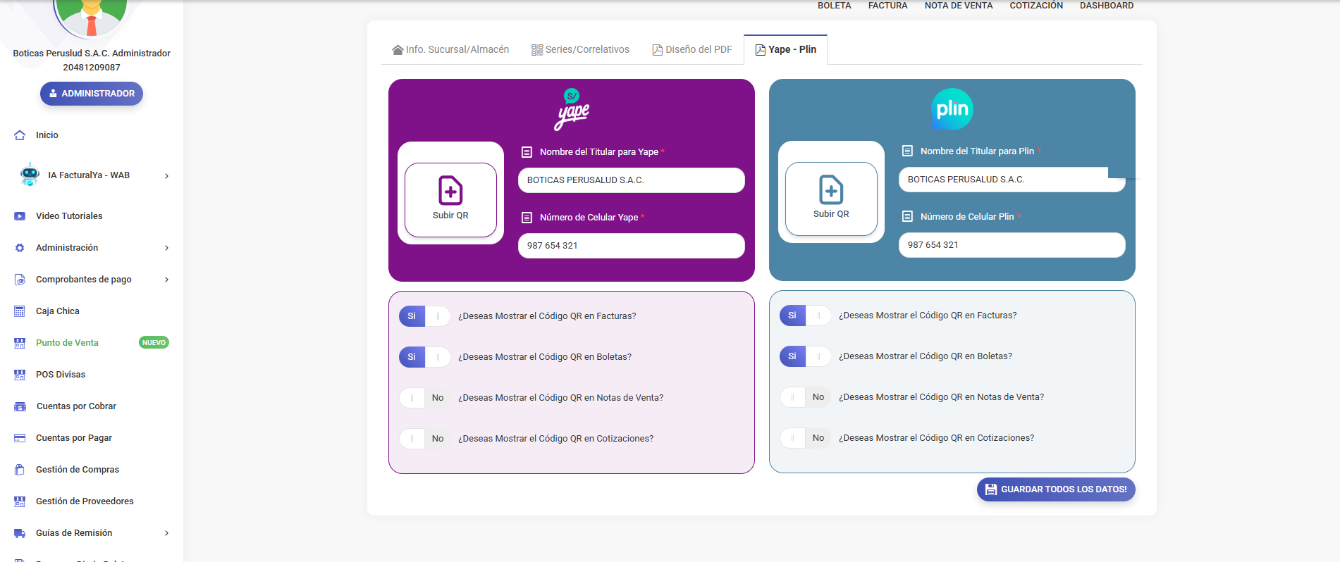 Pantalla de configuración de Facturalaya con las tarjetas de Yape y Plin: subir QR, nombre del titular, número de celular, y los interruptores para elegir en qué documentos se muestra el código QR