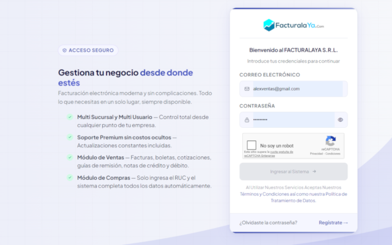 Pantalla de login del sistema FacturalaYa V9