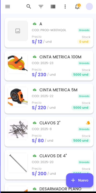 App Móvil FacturalaYa V9 - Lista de productos
